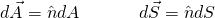 \begin{equation*} d\vec{A} = \hat{n}dA ~~~~~~~~~~ d\vec{S} = \hat{n}dS \end{equation*}